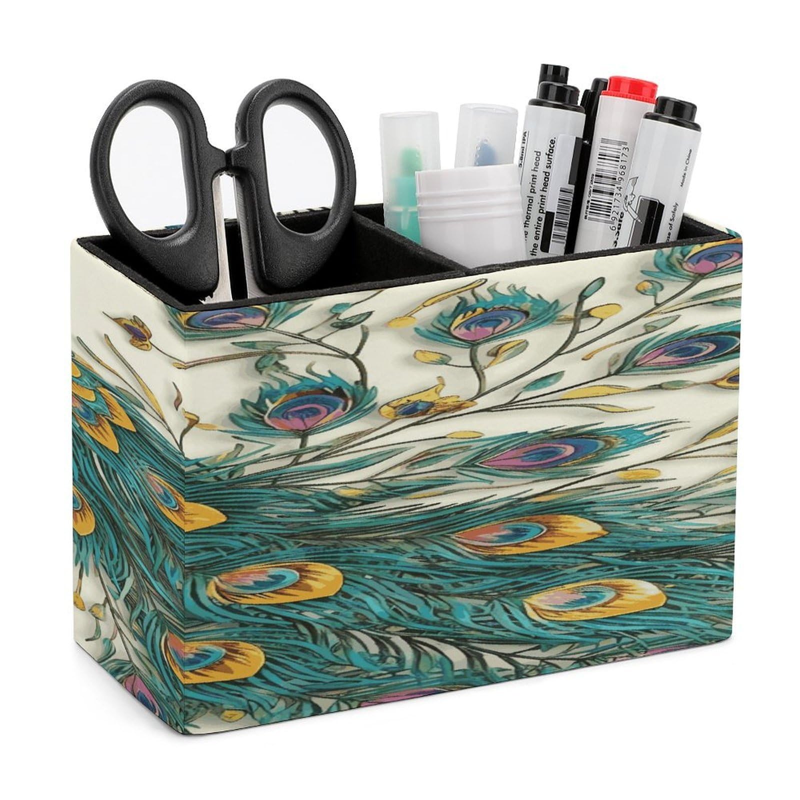 LDGSUPH Peacock Pattern Leather Pen Holder for Desk Organizer Caddy Large Pencil Cup Multi-function Pencil Holder Makeup Brush Holders Pen Organizer for Home Office Storage Box