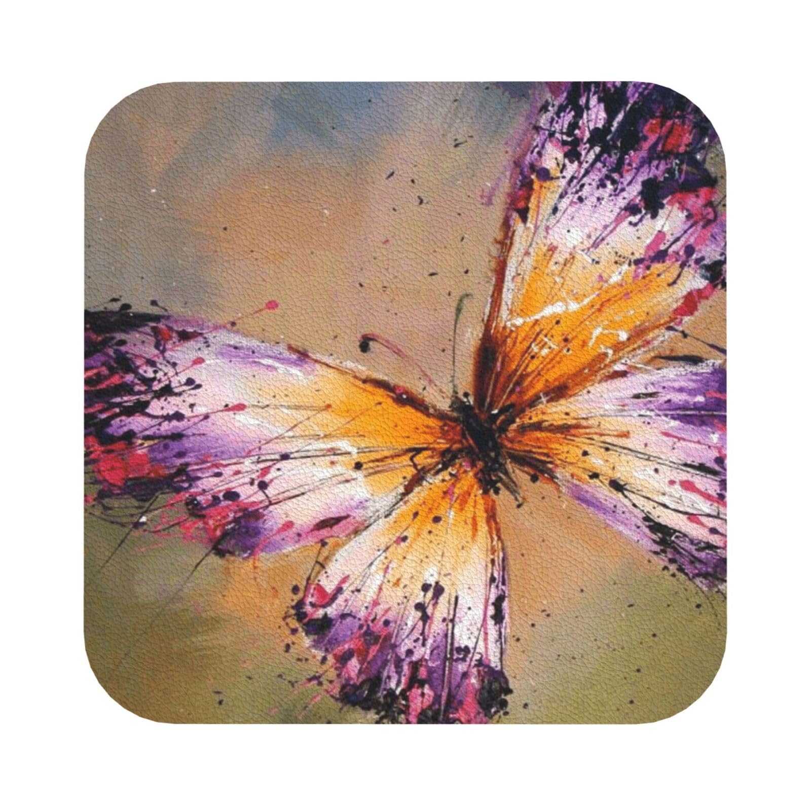 Embroidery Colorful Butterfly PU Leather Coasters Set of 6 Square Drink Coasters