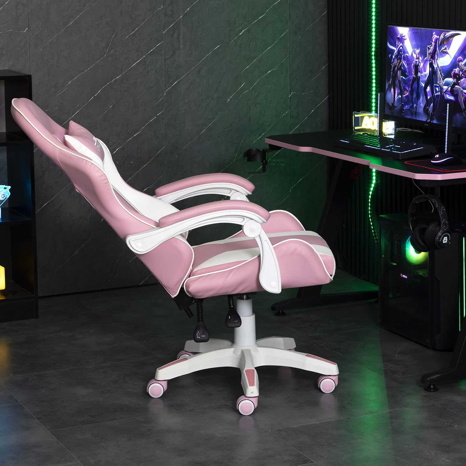 Amstrad AMS-800-ROSY Fauteuil/Chaise de Bureau Gamer Rose & Blanc - Coussin Lombaire & appuie tête