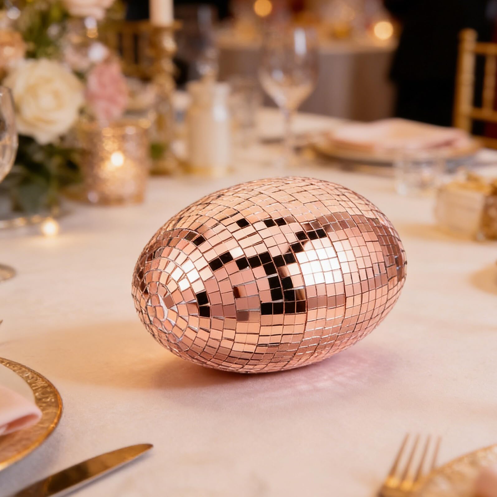 Veemoon Uovo Decorativo a Specchio Riflettente per Pasqua 23x18x14,5 Cm, Palla da Discoteca Rosa Oro per Matrimonio e Feste, Accessorio Fotografico per Ktv e Giardino, Centrotavola