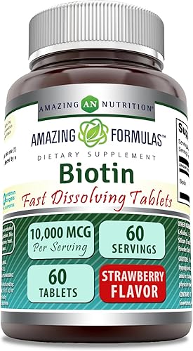 Amazing Formulas Biotin 10,000 mcg | Tabletas de disolución rápida | Sin OMG | Suplemento sin gluten | Hecho en Estados Unidos (fresa | 60 unidades)