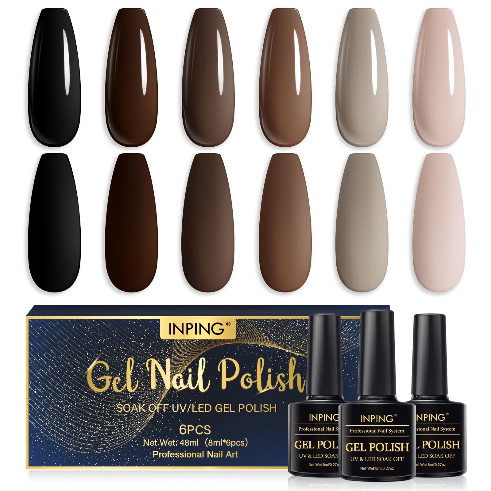 INPING 6 Farben Gel-Nagellack, Farben Der Ganzen Saison Im Frühling Sommer Herbst Winter UV Nagellack oak Off LED Langlebige Gelnägel für zu Hause Nail Art Design Maniküre Kit