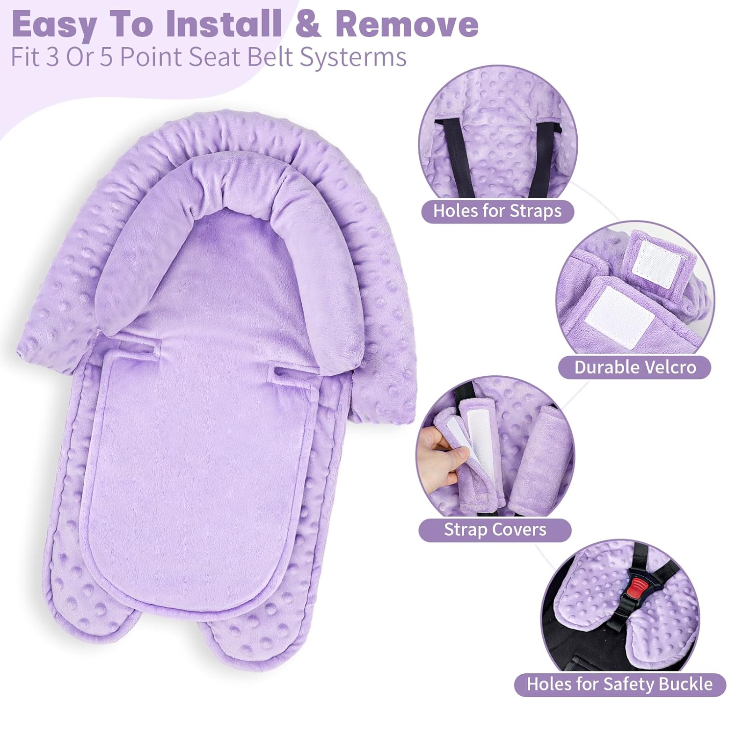 Infant Car Seat Insert, HNHUAMING Baby Car Seat Head & Body Support with 2 Strap Pads, Ultra Soft Newborn Preemie Carseat Insert Cushion for Girls Boys, Fits Car Seat, Stroller, Swing, Bouncer, Purple