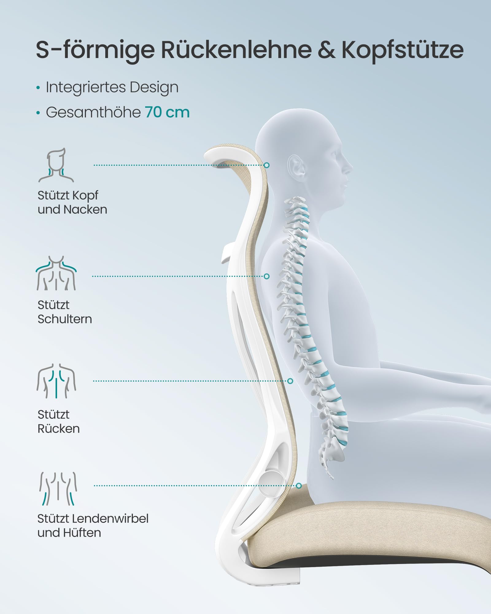 SONGMICS Bürostuhl, Schreibtischstuhl, ergonomische Rückenlehne, höhenverstellbar, hochklappbare Armlehnen, Drehstuhl mit Kopfstütze, bis 150 kg belastbar, cappuccinobeige OBN088K01
