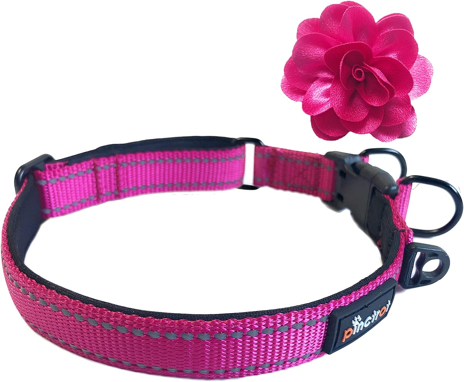 PINCTROT Reflective Dog Collar with Removable Flower, Soft Neoprene Padded Breathable Nylon Pet Collar, Adjustable for Small Medium Large Dogs (Small Size: 3/4''x(12"-16"), Fuchsia)
