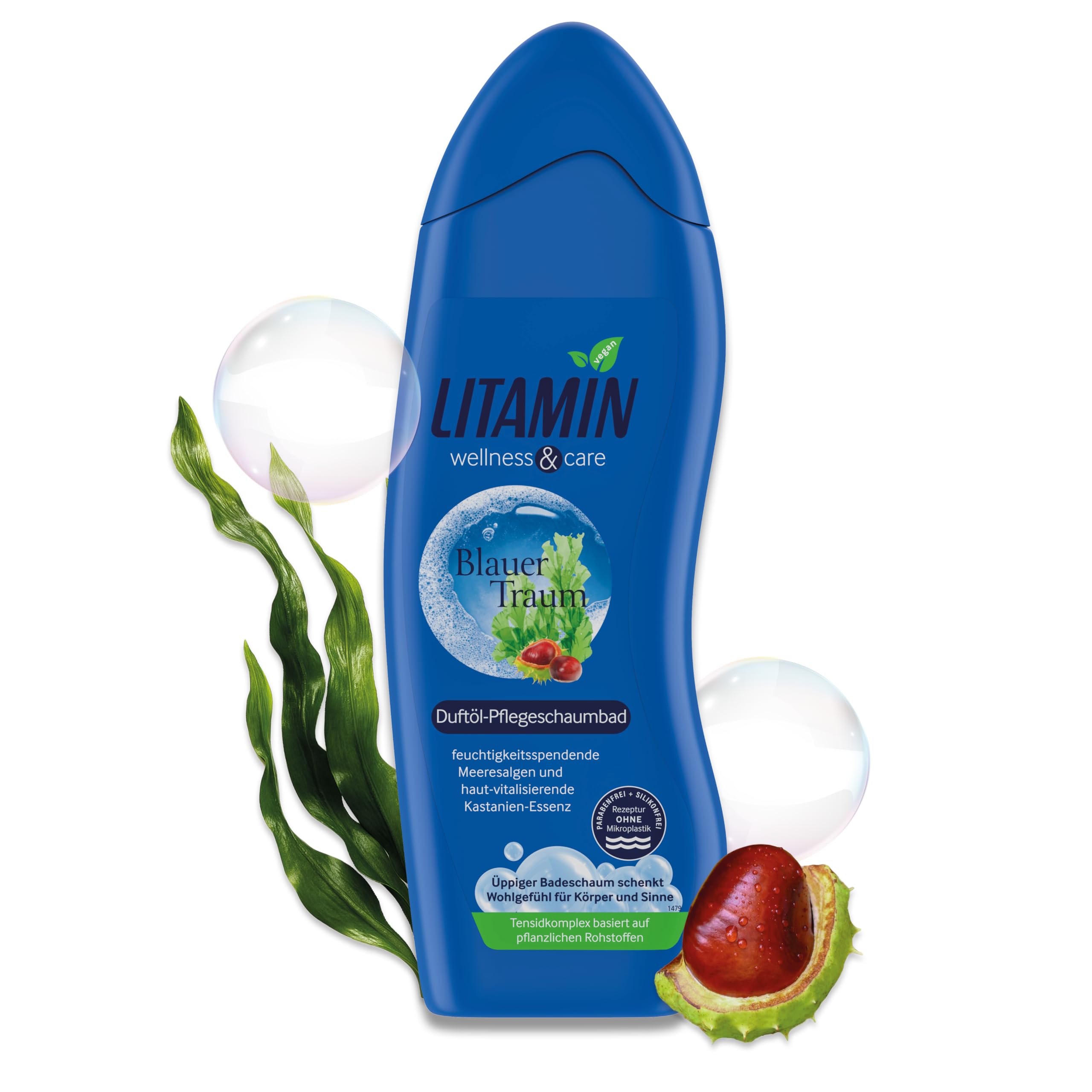 Litamin Schaumbad Blauer Traum 750ml – mit Meeresalgen & Kastanien-Essenz – feuchtigkeitsspendender Badeschaum für entspannende Wellness-Momente