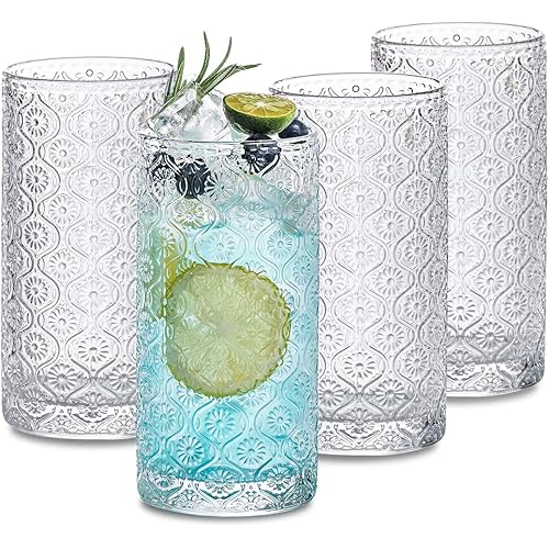 INSETLAN Glass Cups Vintage Glassware Set of 4, 12oz Embossed Pattern Style Transparent Cocktail Glasses Set With Straw and Coaster, Romantic Water Glasses, Bar Beverages Ice Coffee Cup Juice (Large)