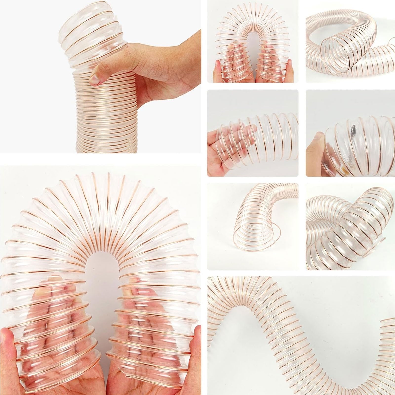 Tubo di raccolta della polvere, 3,3 cm x 180 cm, flessibile resistente alle forature, in poliuretano trasparente con rinforzo in filo di acciaio ramato per collettori di polveri per la lavorazione del