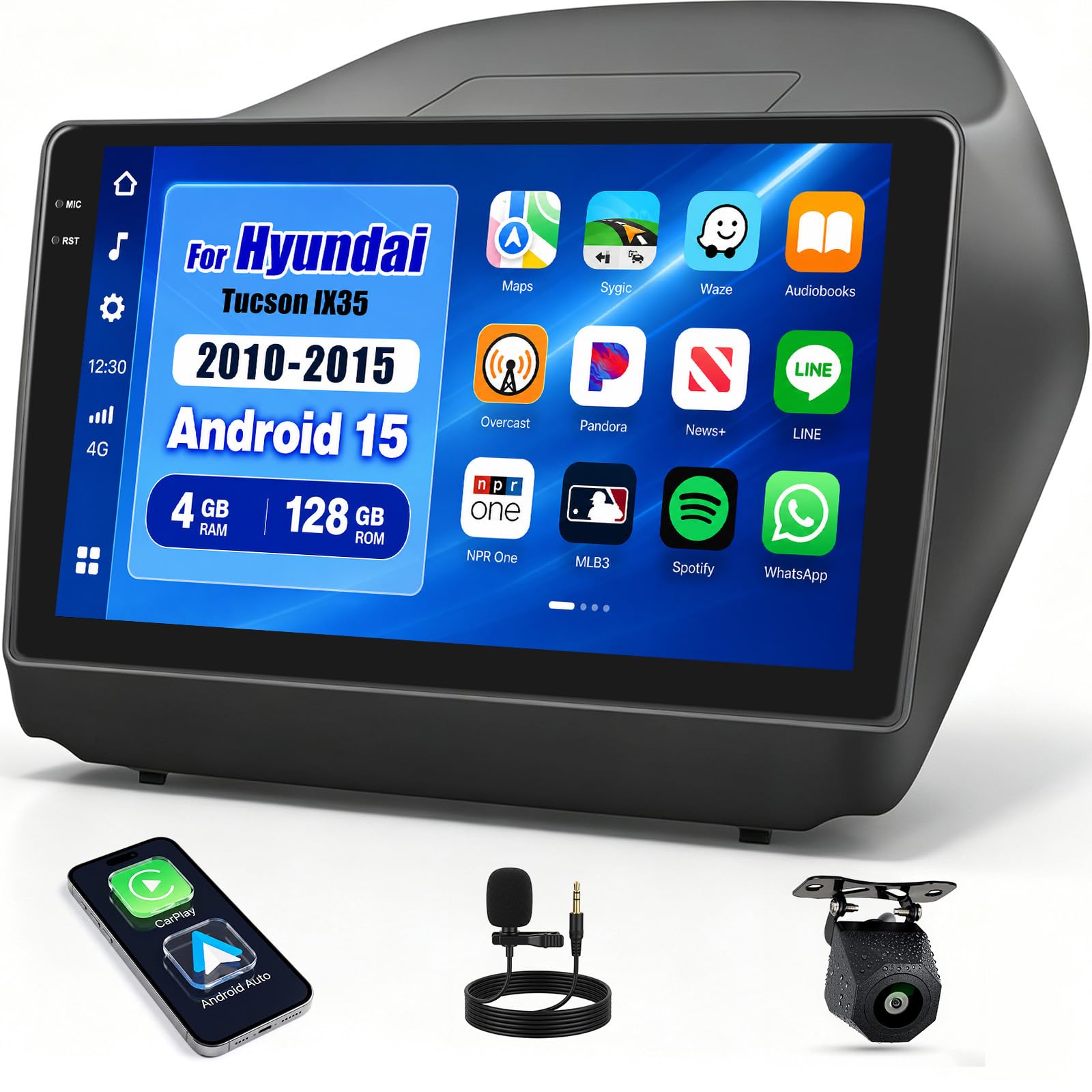 [4+128GB] Android 15 Car Stereo for Hyundai Tucson IX35 2010-2015 with Wireless CarPlay Android Auto,10.1" Screen Car Radio with Bluetooth GPS WiFi FM/RDS DSP EQ SWC Backup Camera