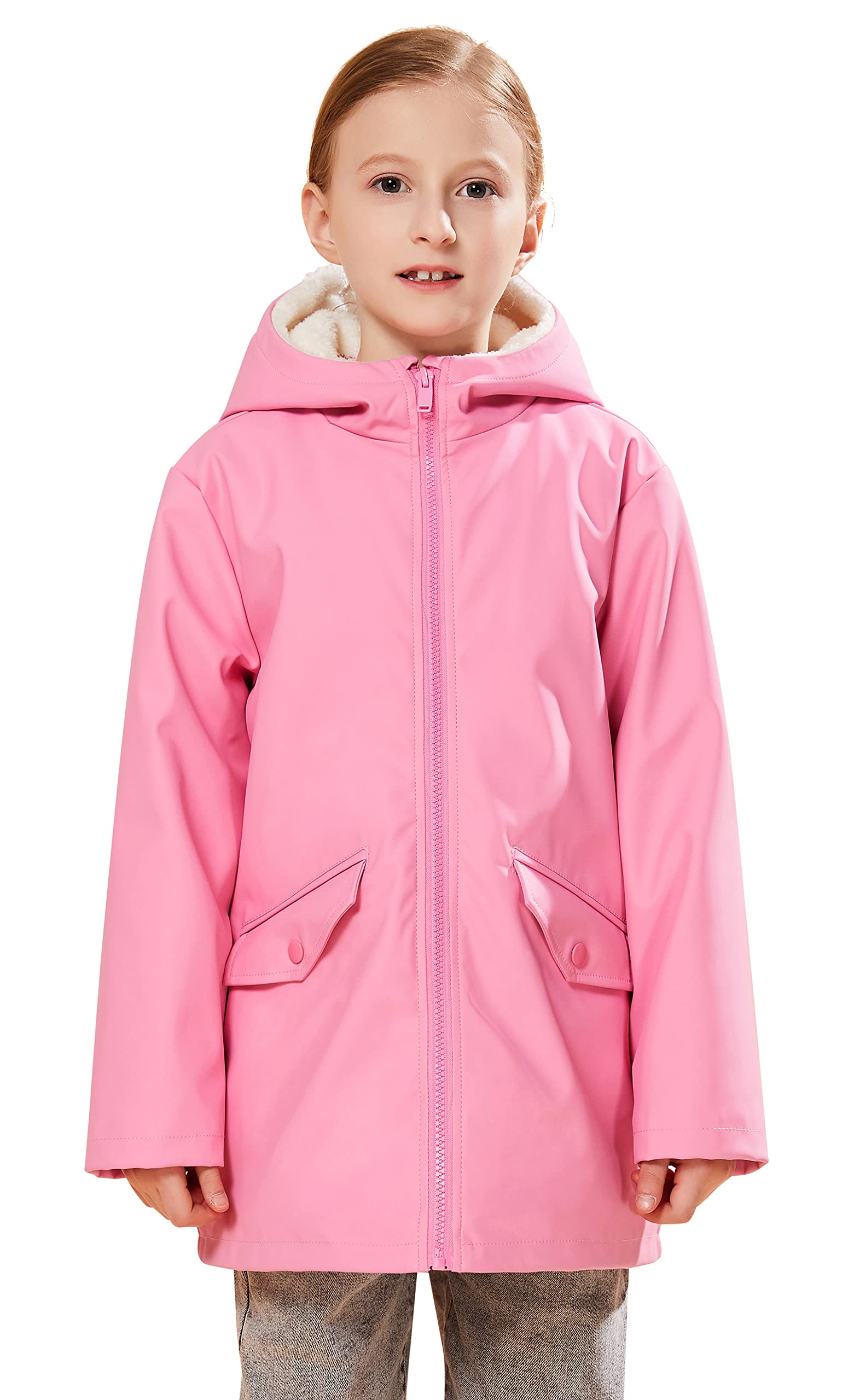 SOLOCOTE Kids Rain Jacket Hooded Lined Rubber RainCoats for Girls Boys