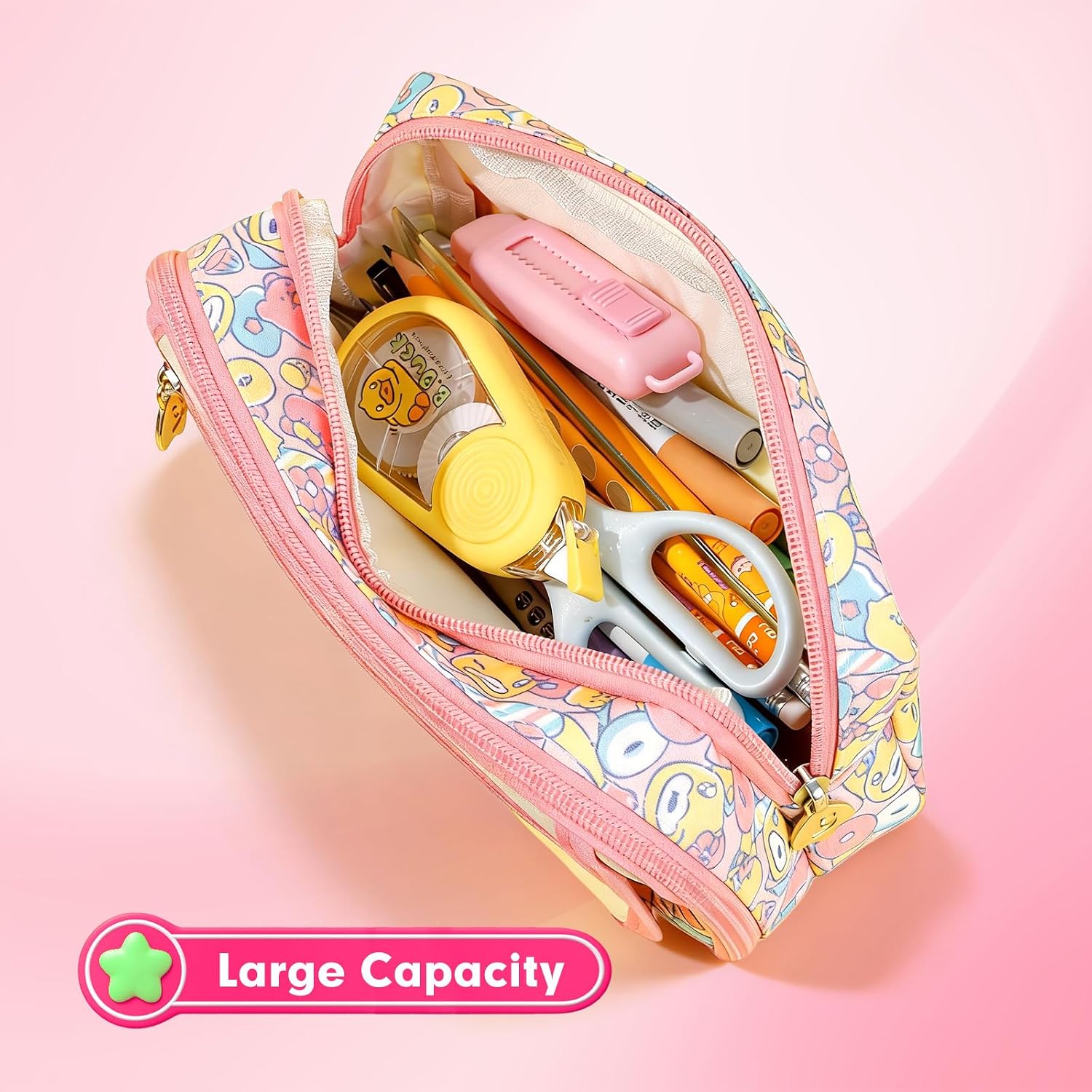 Comix Large Capacity Pencil Case Pouch, 5 Compartments Pencil Pouch Pencil Box, Pink Canvas Pencil Bag, Cute B Duck Makeup Pouch for Women