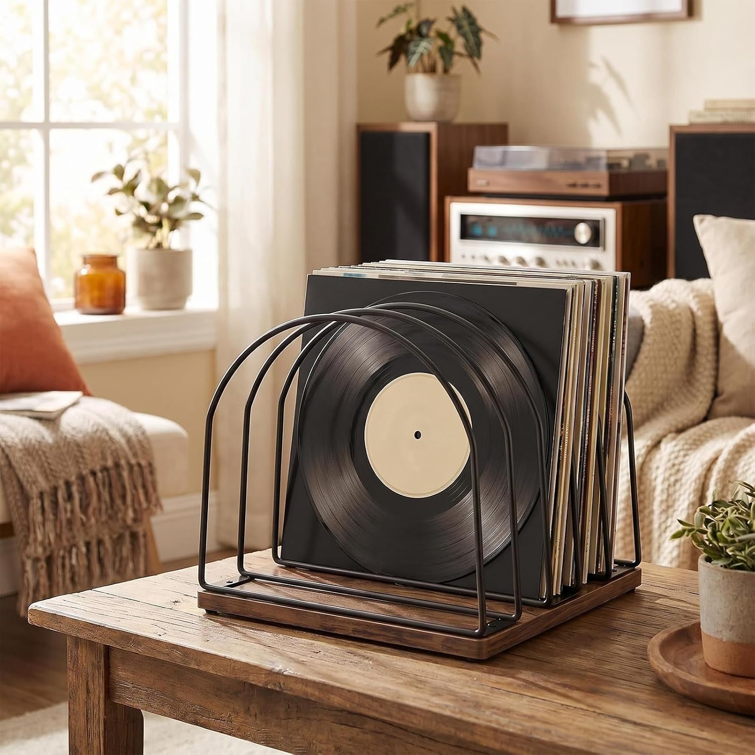 Wooden Vinyl Record Storage Holder, Brown