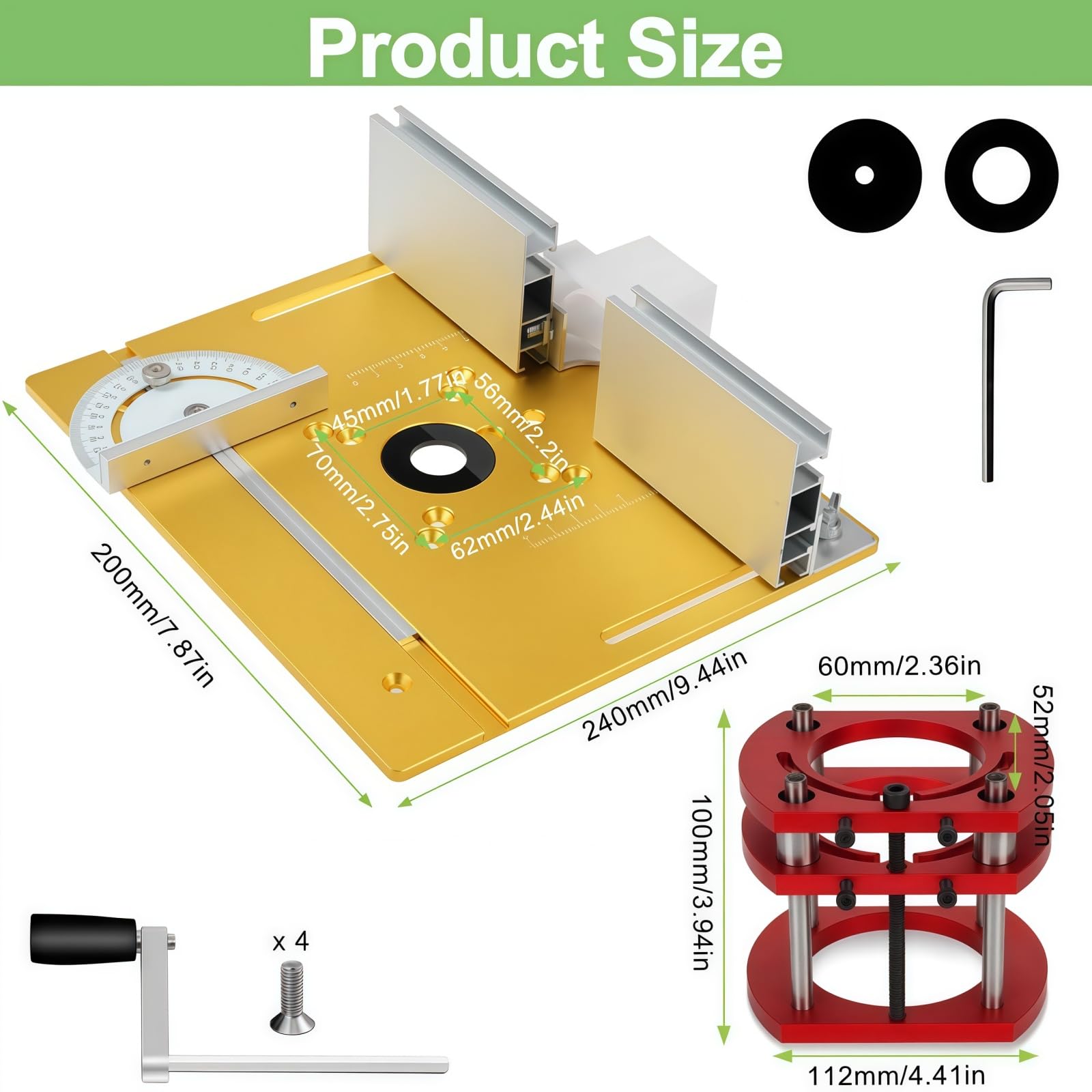 Mesa Fresadora para Madera Aluminio, Sistema Elevación de Mesa para Fresadora Kit, Sujeción de 4 Mordazas Mesa Fresadora, para Carpintería, Ranurado y Recorte (Oro)