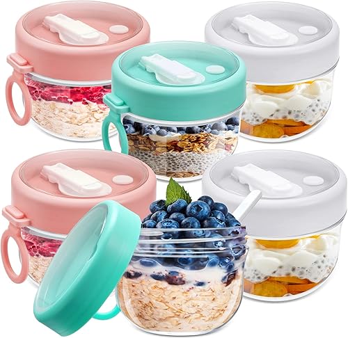 6 recipientes de avena para la noche con tapas y cucharas, tarros de plástico para yogur de 20 onzas, a prueba de fugas, tarros de avena para la