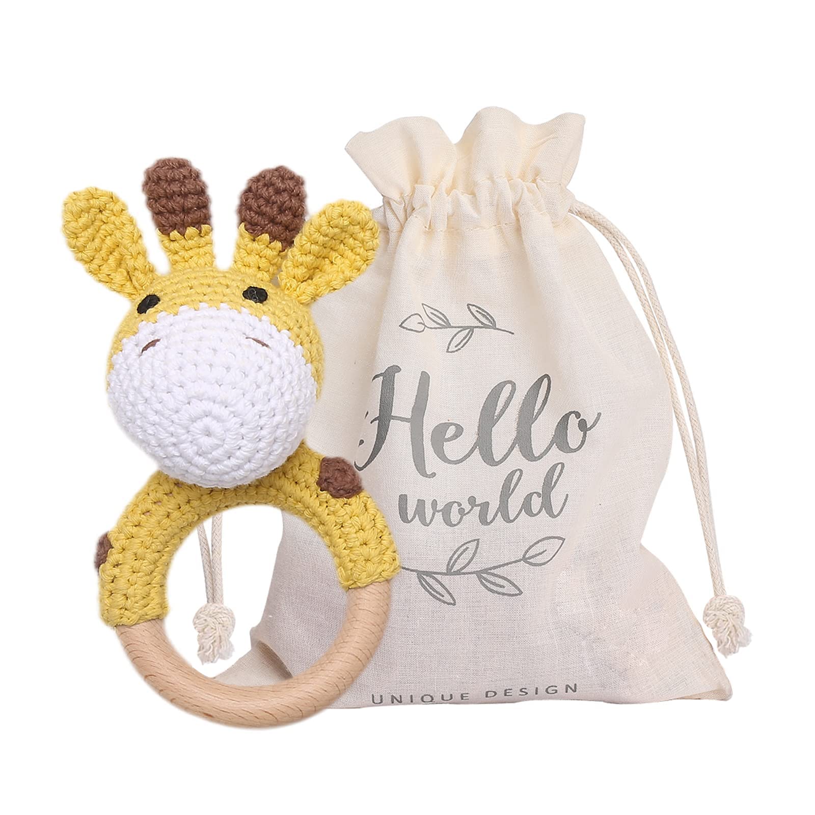 Youuys Baby Rattle Wooden Crochet Animals Grasping Toy Baby Wooden Rattle Baby with Sound Handmade Rattle for Newborn Baby Gift Boy and Girl Gift for Birth(Giraffe)