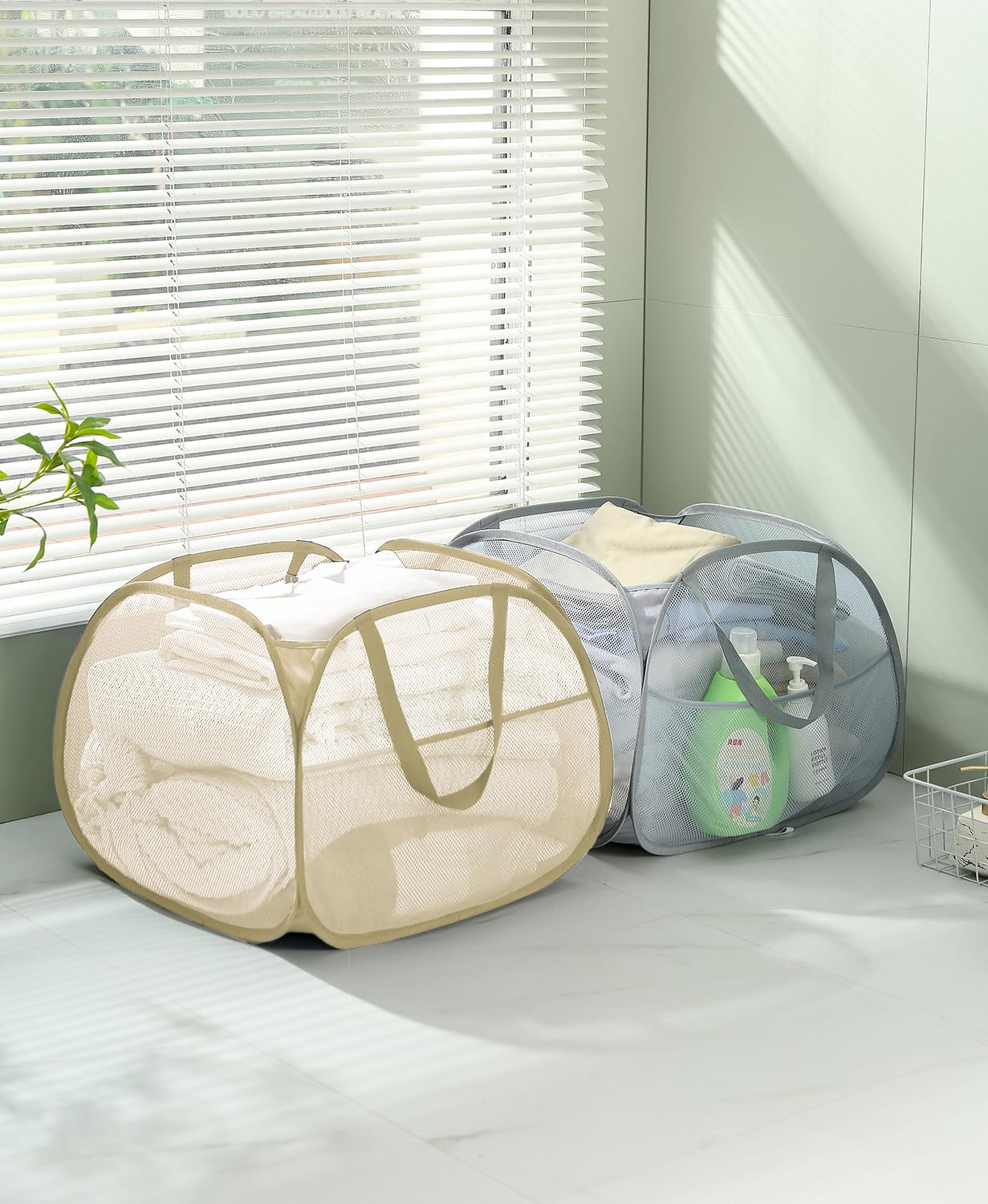 KIAYOO Collapsible Laundry Basket,Large Washing Basket Foldable Folding Dirty Clothes Hamper with Side Pocket Bag,Pop up Washing Bin Bag for Bathroom,Bedroom,College Dorm,Hotel,Travel,Beige - Image 2