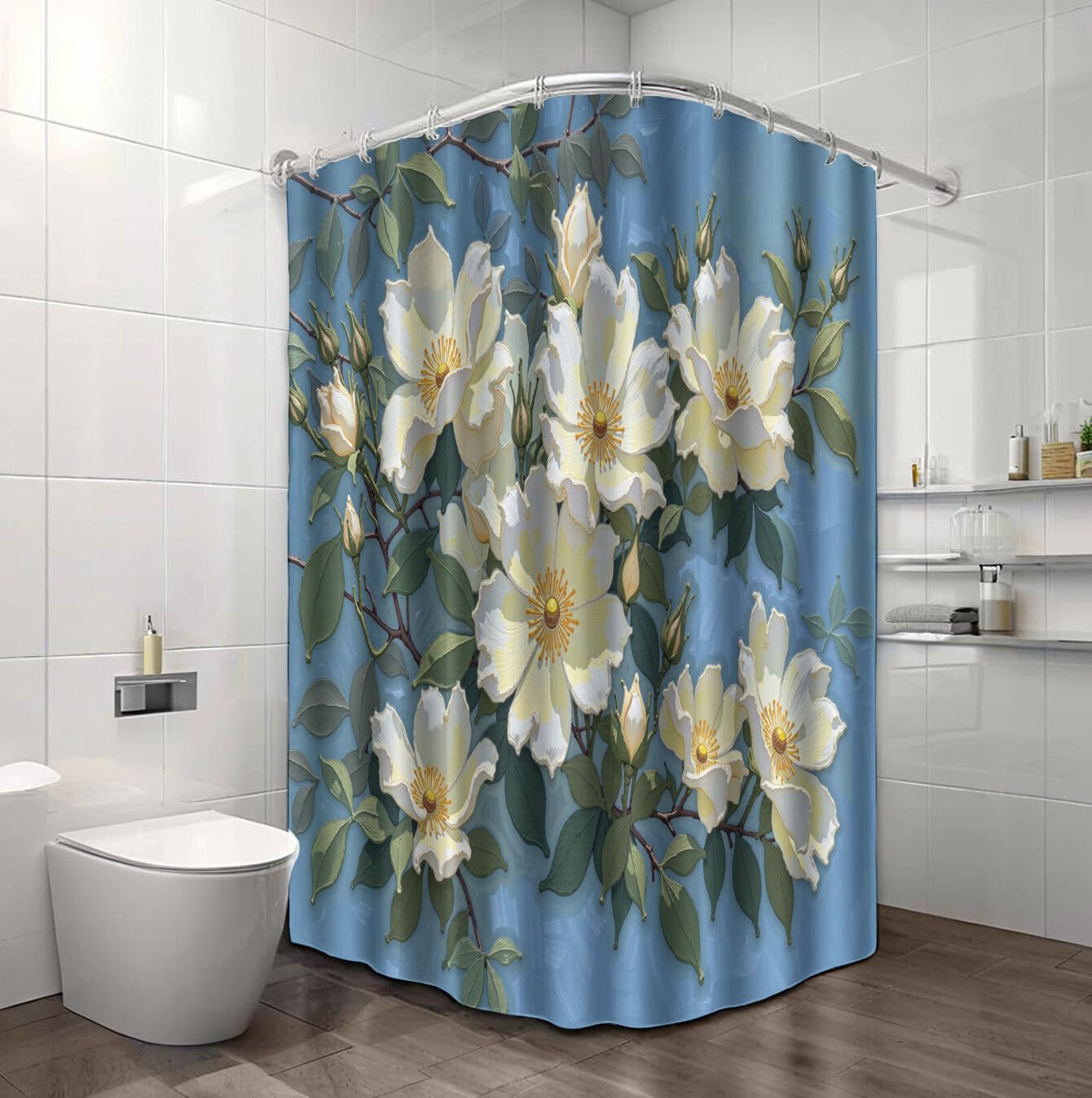 Rideau Douche,Rideau Baignoire Lavable en Machine Rideaux Douche Tissus Lavable Rideau De Baignoire Lavable pour Salle De Bain Domicile Baignoire Famille,Roses Feuilles Vertes,