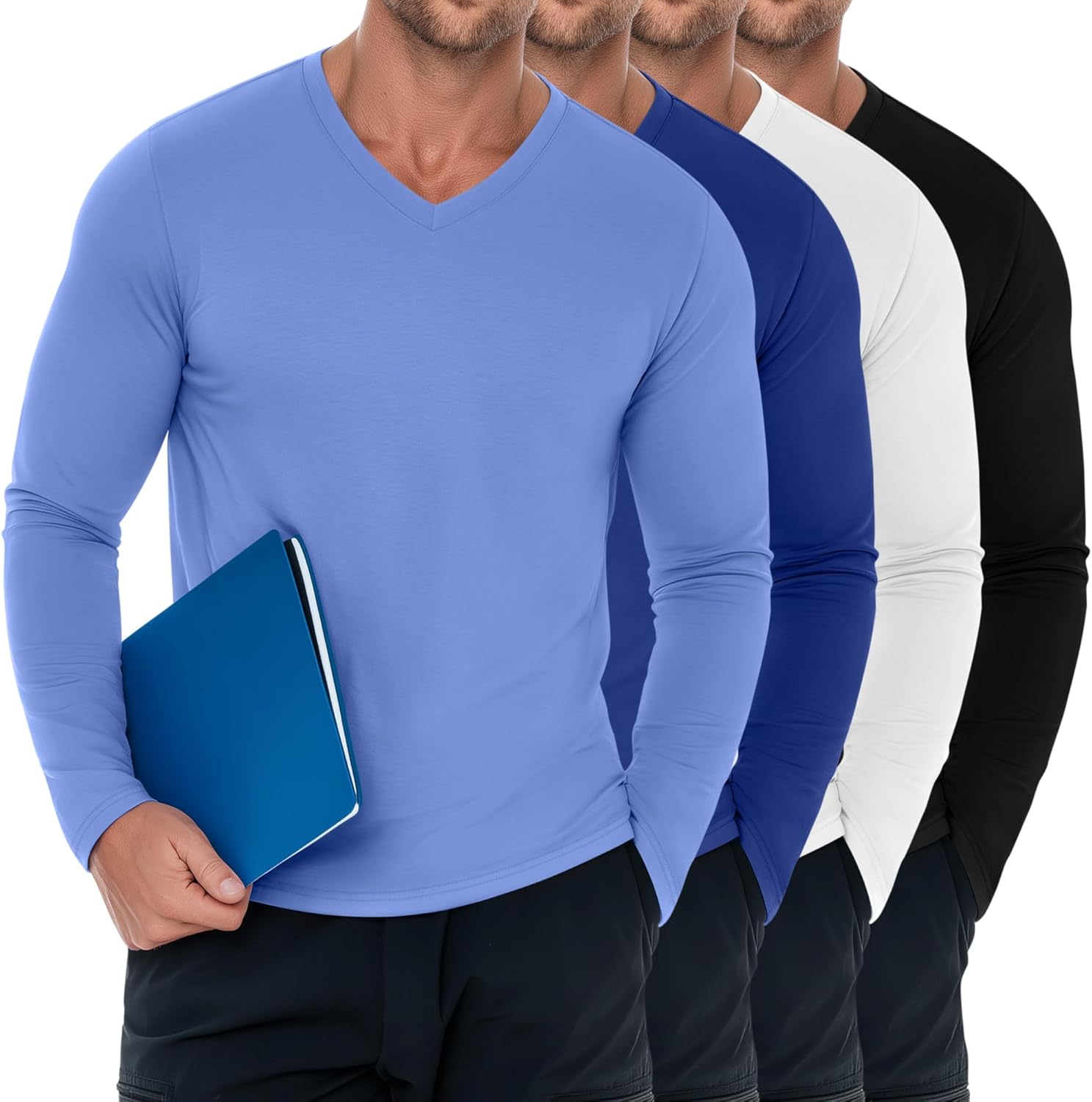 4 Pack Men's Big and Tall Underscrub Tops, Comfort Long Sleeve V Neck Fitted Layering Shirt for Medical Uniforms