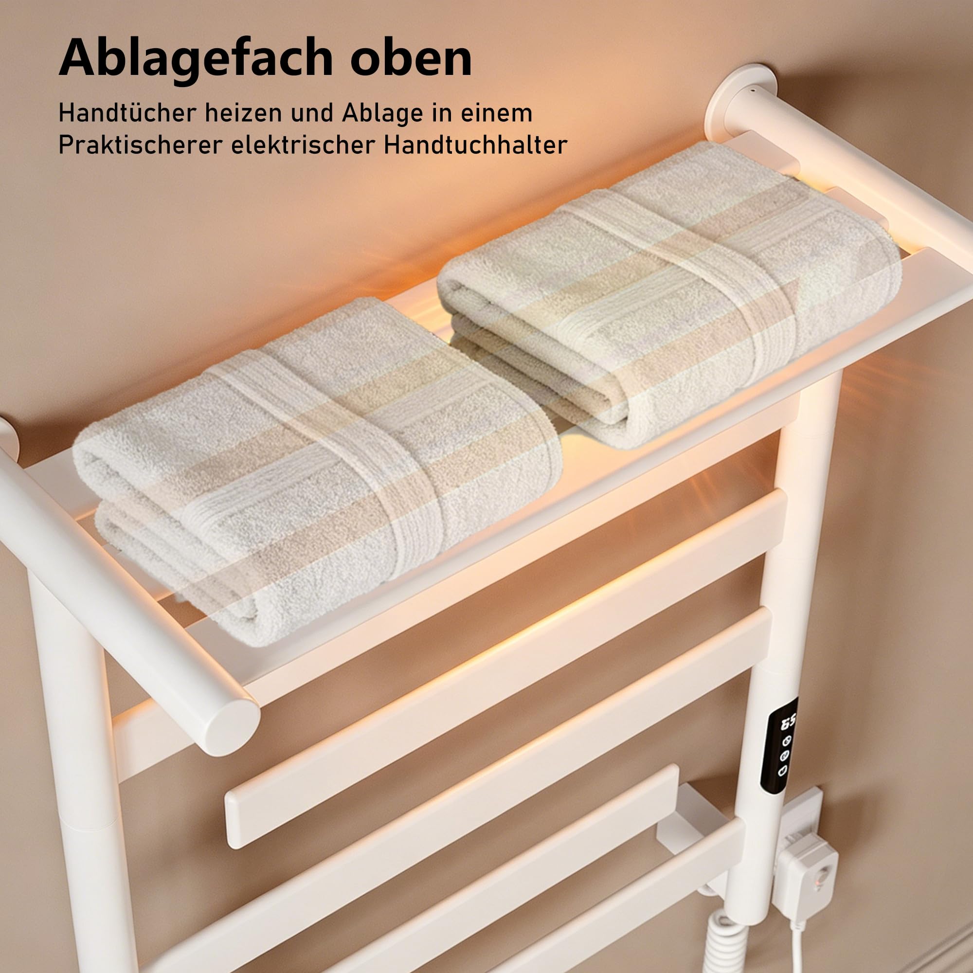 Handtuchheizkörper Elektrisch 66 x 55cm, 180° Drehung Handtuchwärmer Elektrisch mit Heiz-Ablage, WiFi Smart Thermostat für Alexa und Google Home, 30-70°C, 140W, Weiß, IPX4, Fehlerstromschutz