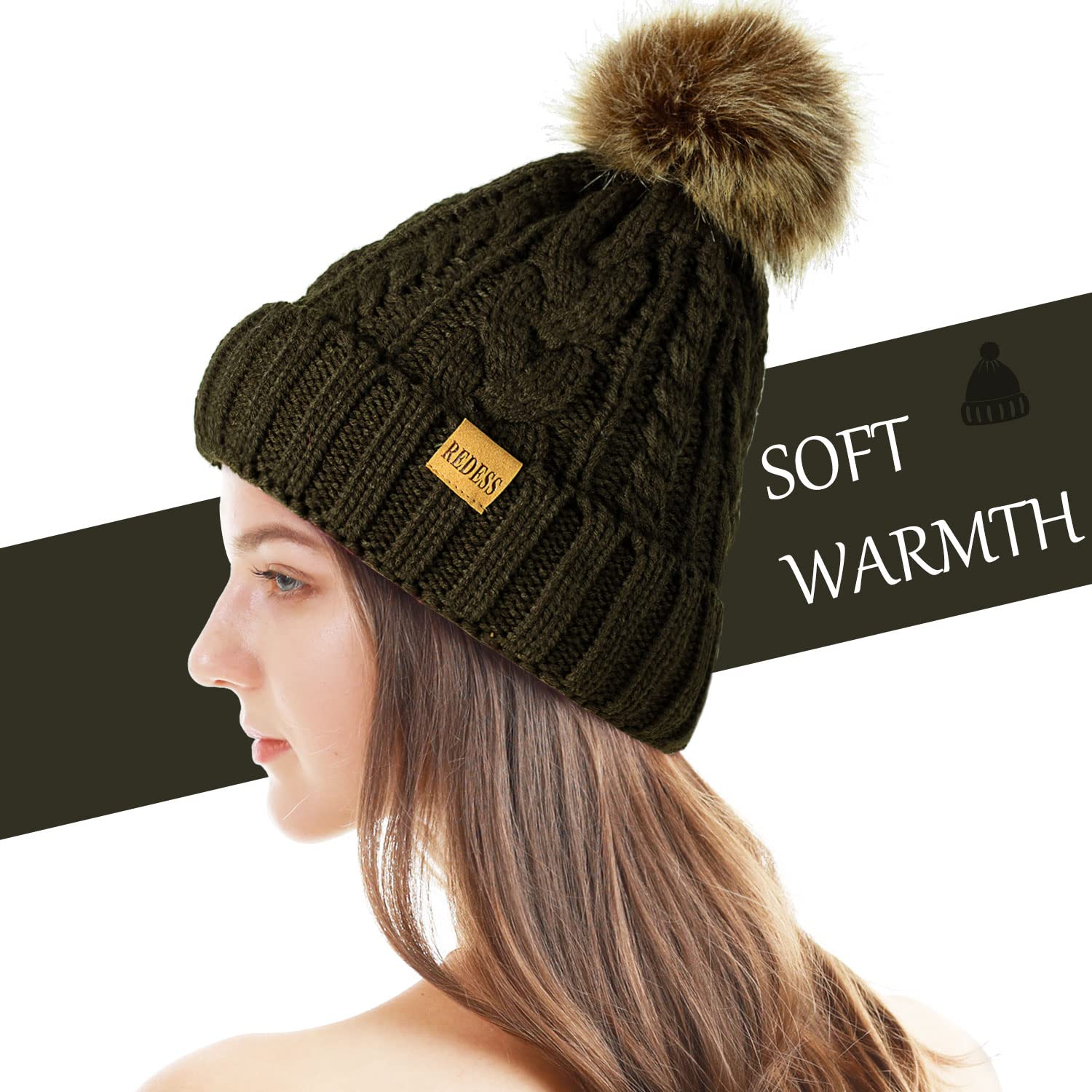 REDESS Cappello Invernale da Donna con Pom Pom Beanie Caldo Foderato in Pile Spesso Slouchy Snow Knit Chunky Baggy Skull Berretto da Sci
