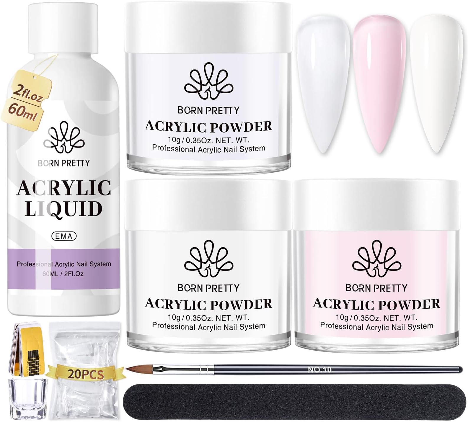 BORN PRETTY Acrylic Nail Kit - Acrylic Powder (Clear, White, Pink) & Liquid Set with Nail Forms, Brush Pen, File & Glass Container - Beginner Friendly