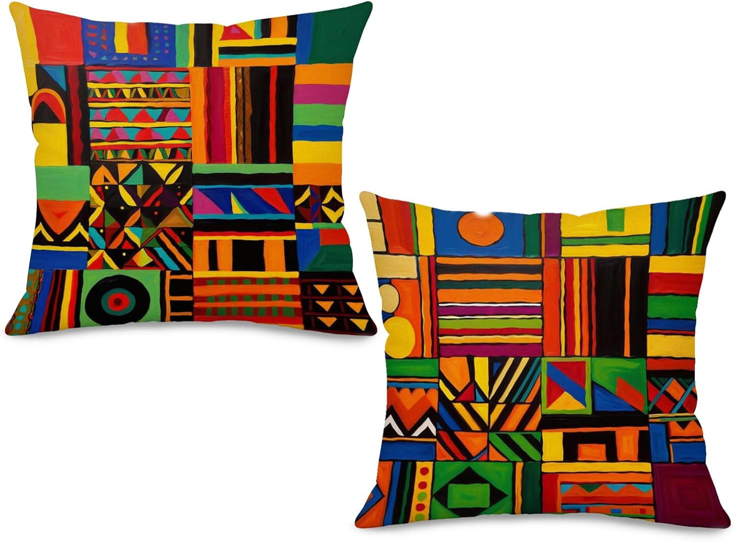 Colorful Geometric Throw Pillow Covers Set of 2 Double-Sided Linen Cushion Covers, 18x18 Inch, Boho Tribal Home Decor, Decorative Pillowcases for Sofa, Couch, Bedroom, Living Room