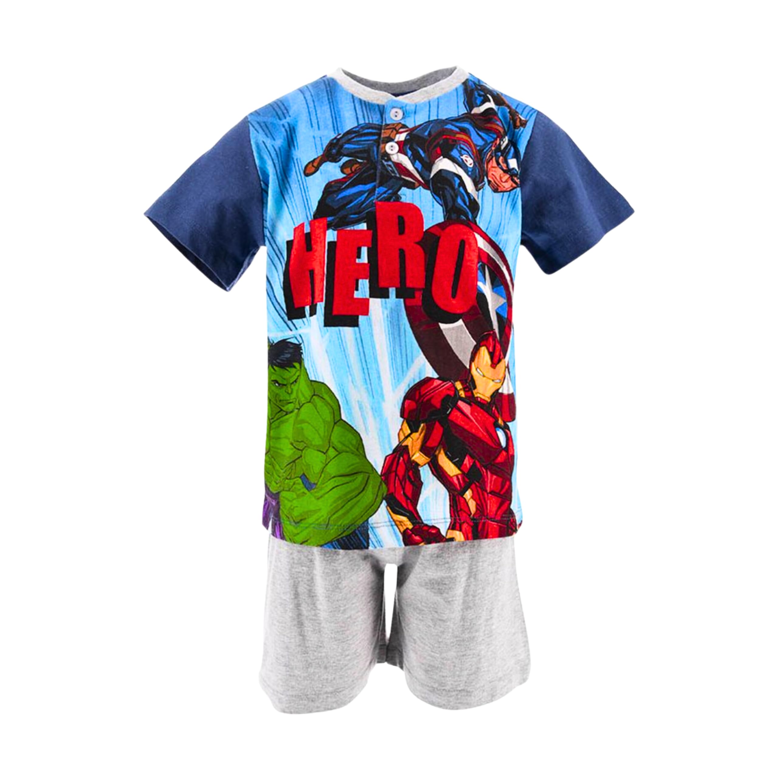 Marvel Avengers Camiseta y Pantalón Corto para Niño, Pijama Algodón Suave, Conjunto 2 Piezas Niño, Diseño Capitan America Hulk Iron Man, Tallas 3 a 8 Años