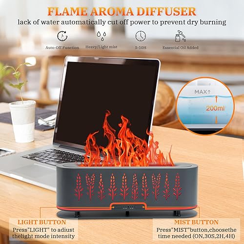 Miniatura 3 de Difusores de aceite esencial, difusor de aire de llama, difusor de aromaterapia de 6.8 fl oz con 2 modos de niebla, 4 temporizadores de encendido y