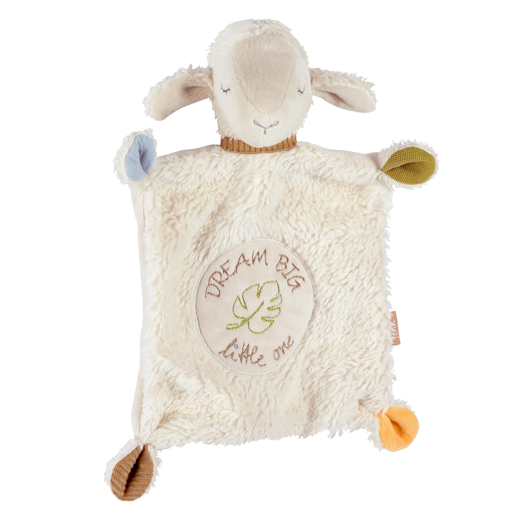 Fehn Cuddly Blanket Sheep Dream Big - Playmate & Cuddly Toy Cuddly Toy Comforter Made of Cotton from Organic Cultivation - with Individually Embroidered Slogan - Cuddly Blanket for Babies and Toddlers