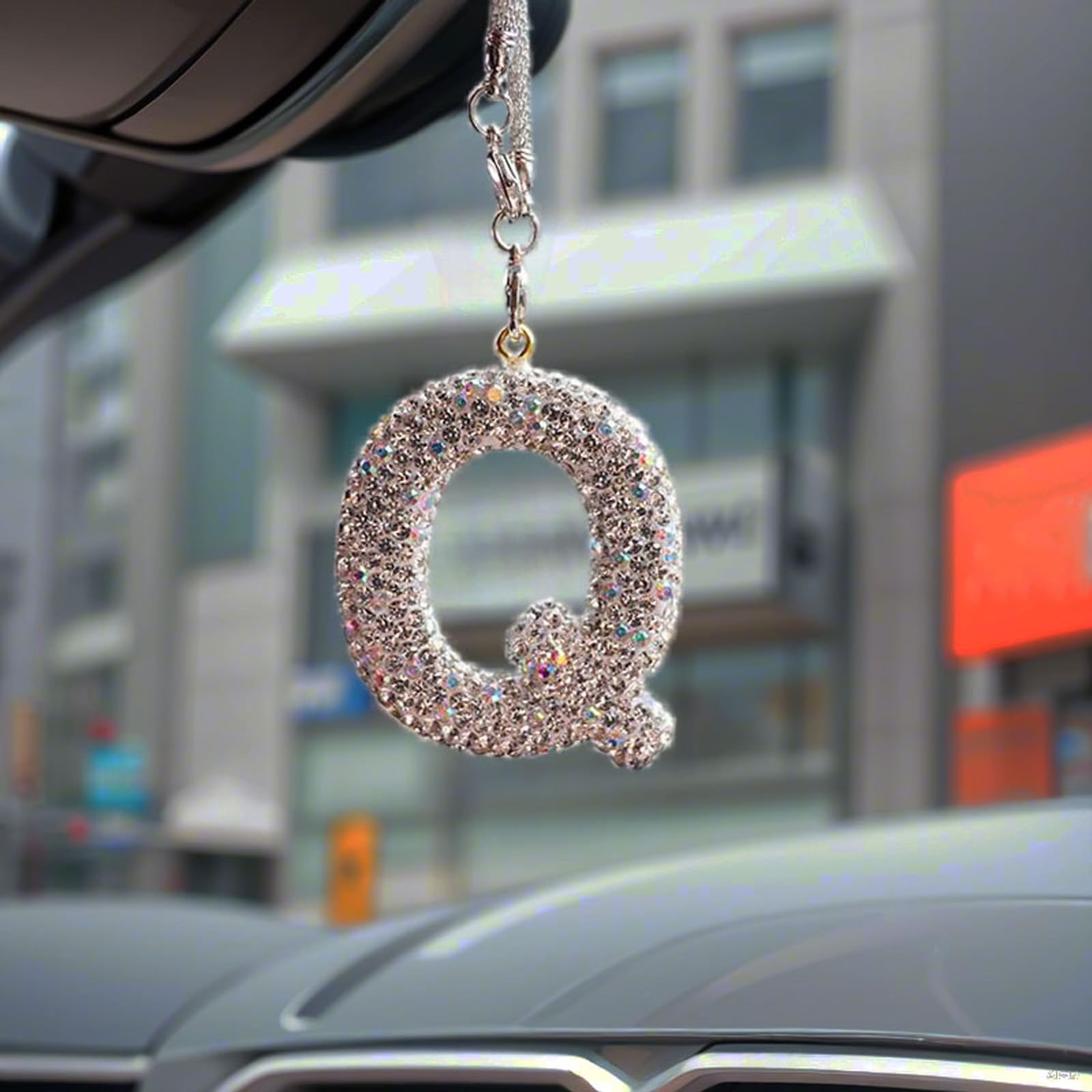 Plorede Women's White Q Bling Car Letter Charm, Car Rear View Mirror Ornament, Diamond Car Accessories, Rhinestone Auto Mirror Hanging Decor For Rearview Mirror Accessories (White Q)
