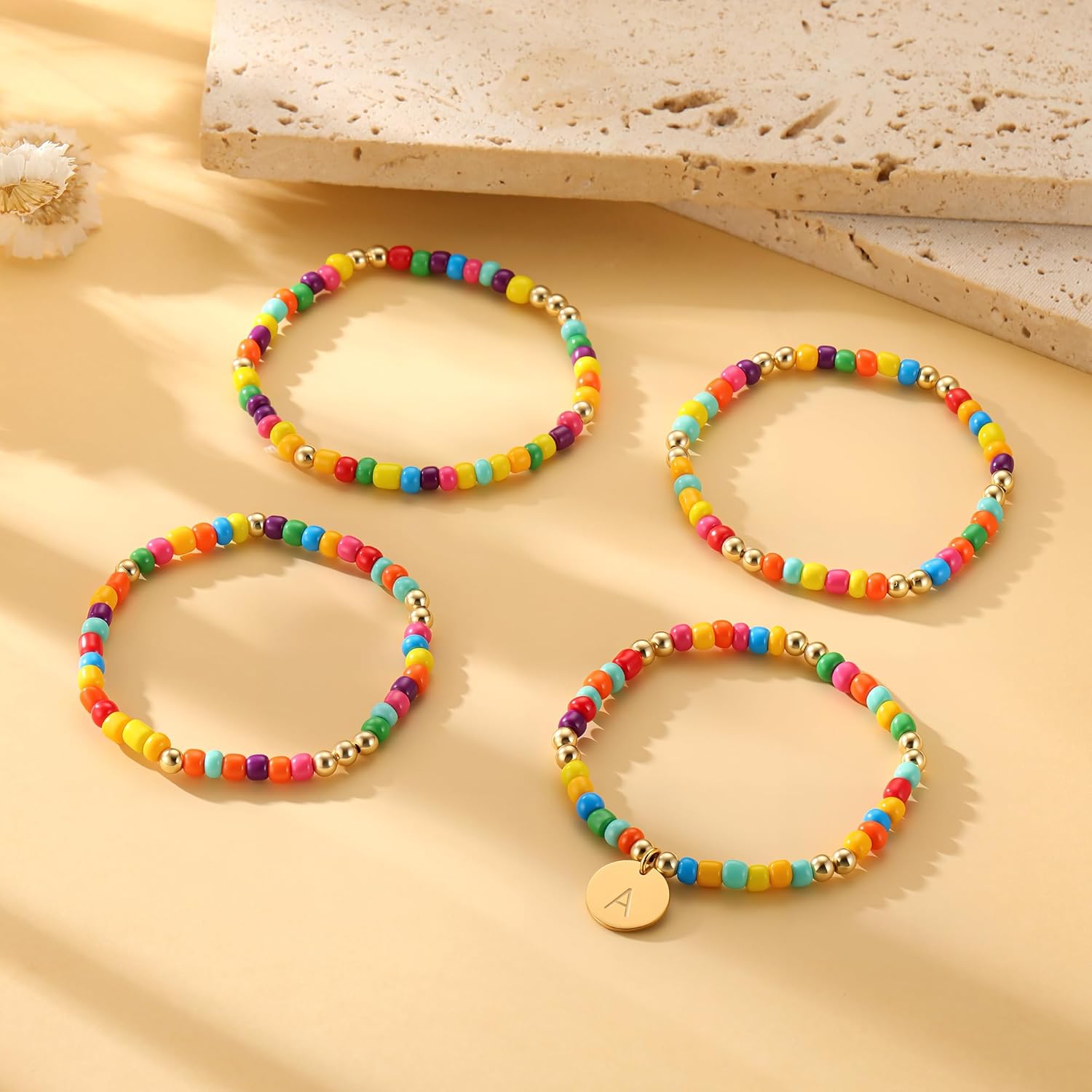 4PCS Colorful Beaded Initial Bracelets for Women Girls - Cute Stretch Beaded Bohemian Disc Initial A-Z Stackable Bracelets Jewelry Birthday Gifts for Women Teen Girls - Image 6