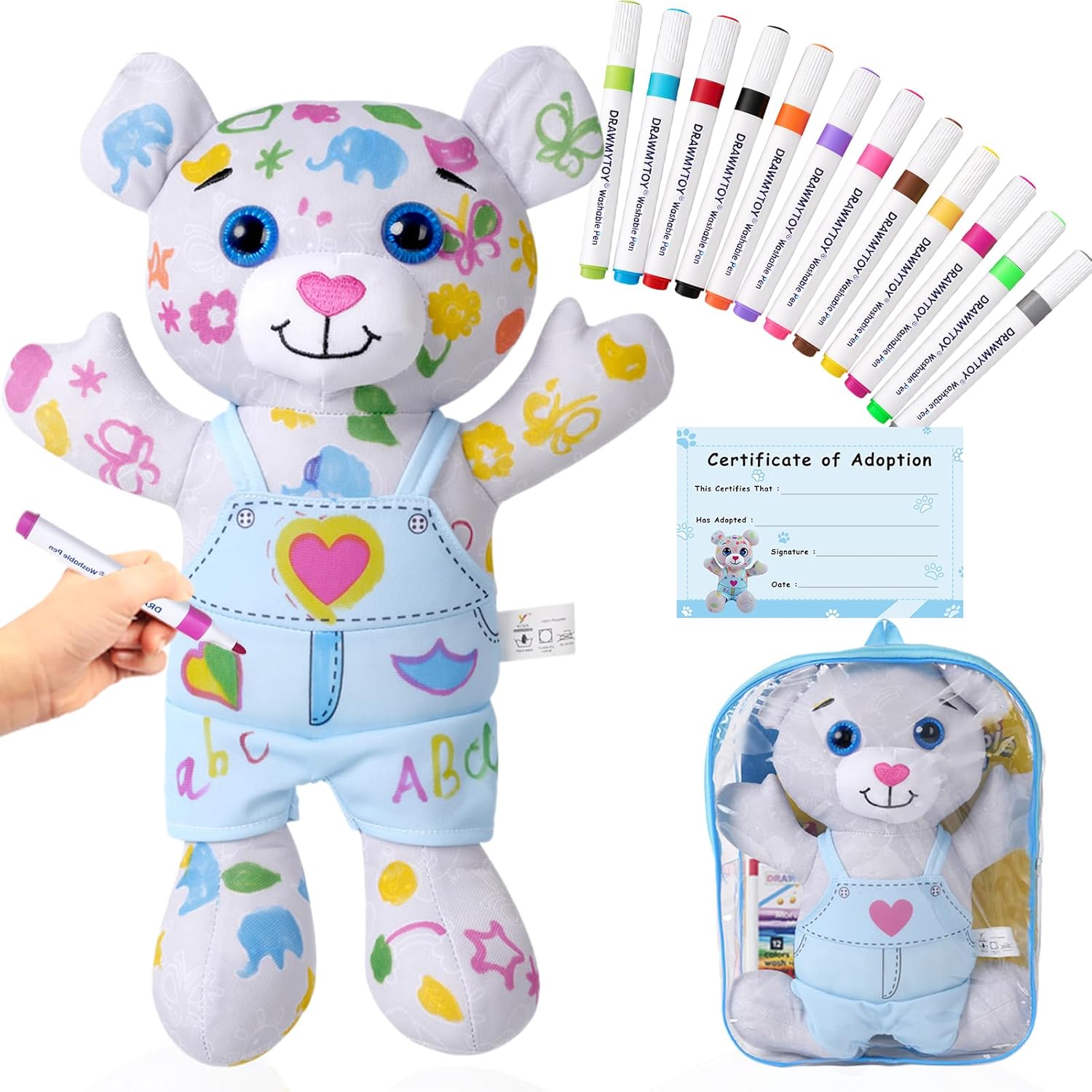 DRAWMYTOY Coloring Plush Toy with 12 Washable Markers for Little Girls Doodle Dolls for Kids Ages 4-6 Birthday (Blue Bear)