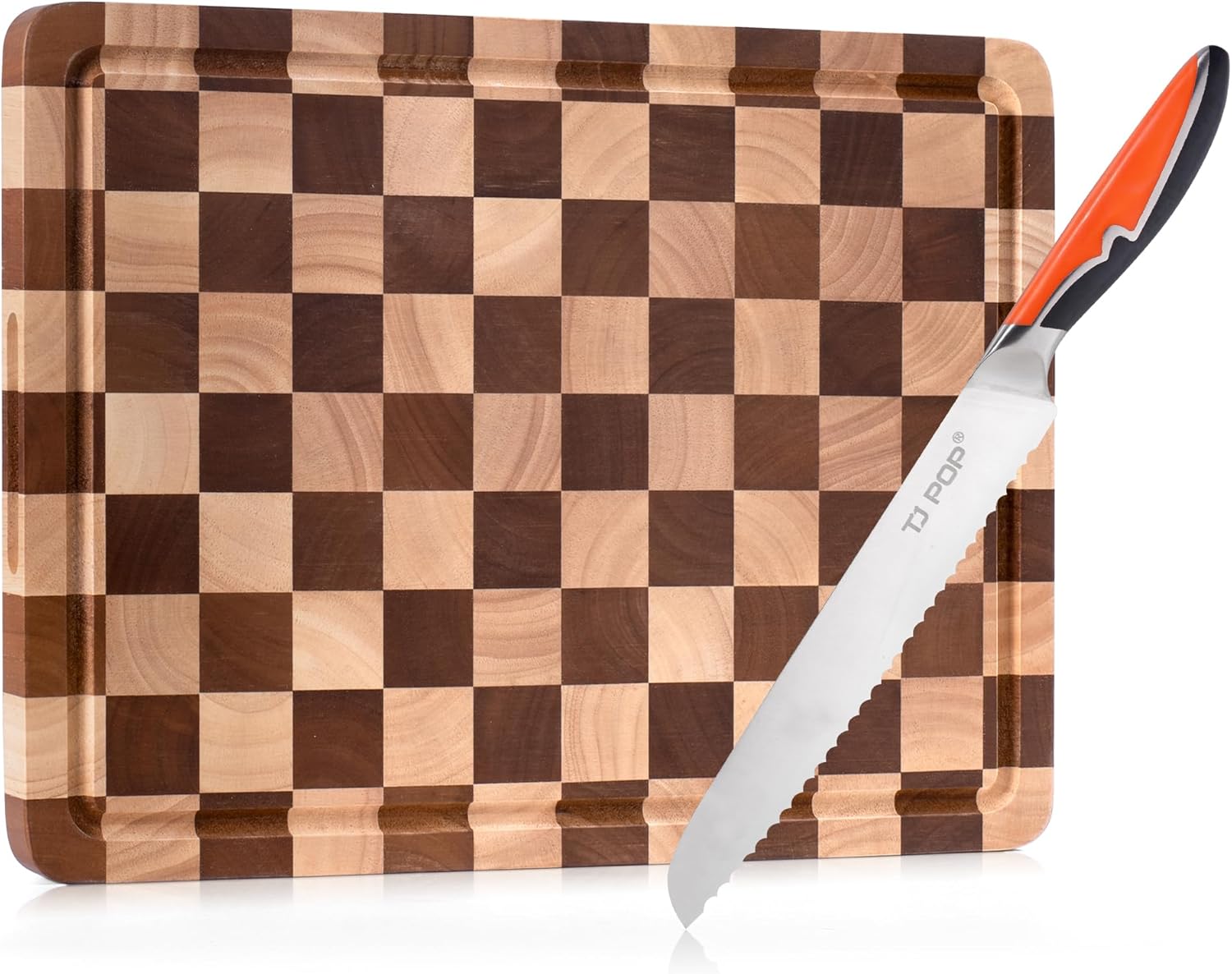 16 x 12" Checkerboard Wood Cutting Board & 8" Stainless Steel Bread Knife Set – Wood Prep Board for Slicing Bread, Fruits, and Vegetables