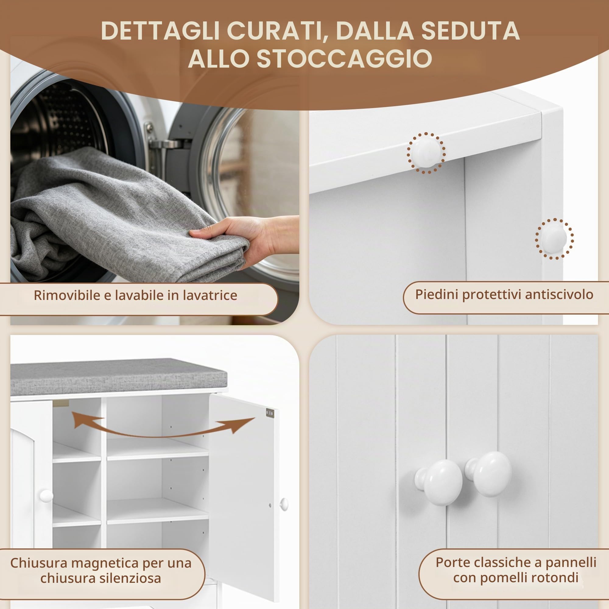 Panca Scarpiera da Ingresso, 80 x 34 x 55 cm, Bianco Lino | Doppia Anta, 9 Scomparti, Ripiani Regolabili, per Ingresso, Soggiorno e Camera da Letto, FFXD001PW1