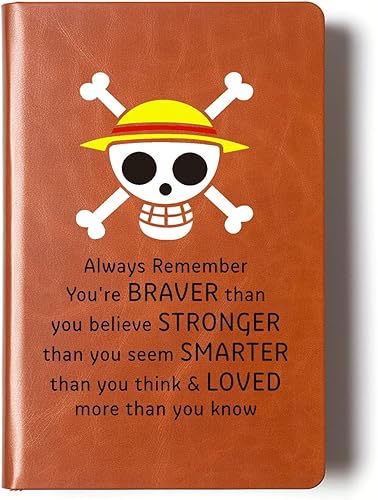 Cuaderno de piel de anime, de una pieza, con texto en inglés "Always Remember You're Braver Than You Believe" (Always Remember You're Braver Than