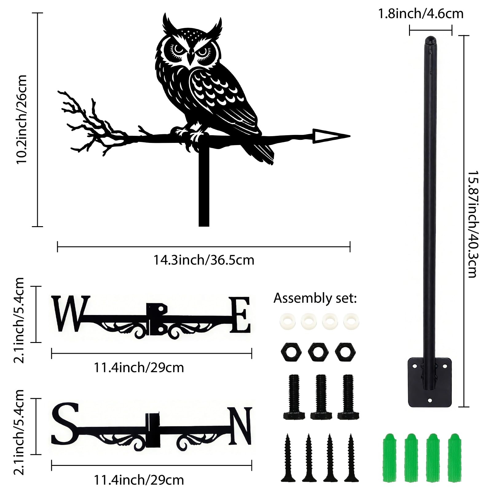 Girouette De Jardin Extérieure en Fer Noir avec Motif De Chouette Indicateur De Vent Décoratif pour Toit Maison Ferme Terrasse Cour Ou Abri De Jardin Durable 10,2 x 14 Pouces