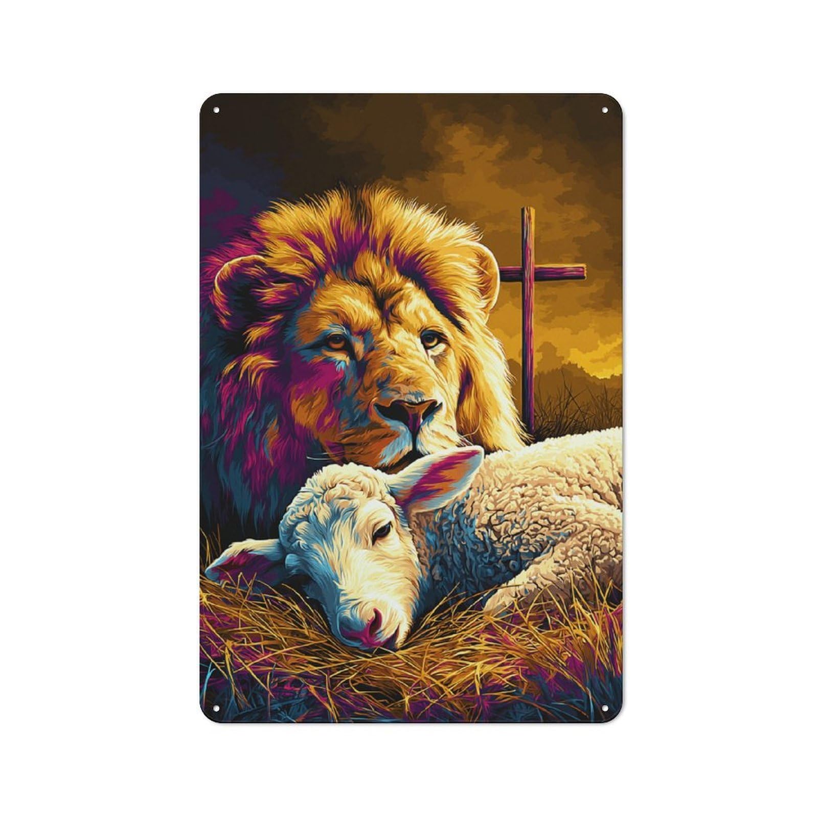 Character Decorative Tin Plaque 30x20cm Featuring Peaceful Coexistence Lion And Lamb, Small Space Decor for Bedroom, Kitchen, Office Or Living Room