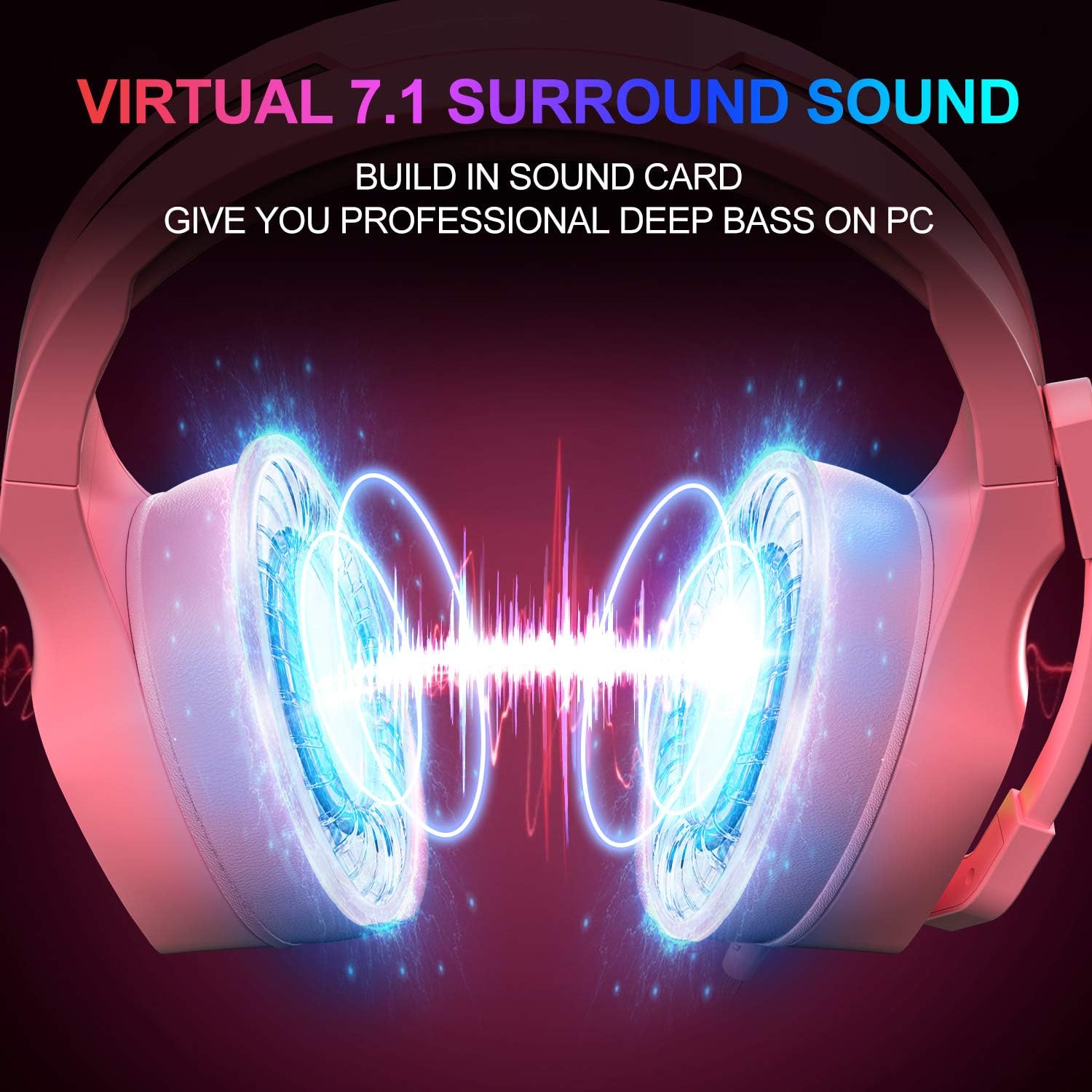 NIVAVA K12 USB Gaming Headset for PC, PS5, 7.1 Surround Sound PS4 Headset with Noise Cancelling Microphone, Over-Ear Headphone with Soft Memory Earpads RGB LED Lights for Computer Laptop Mac(Pink)