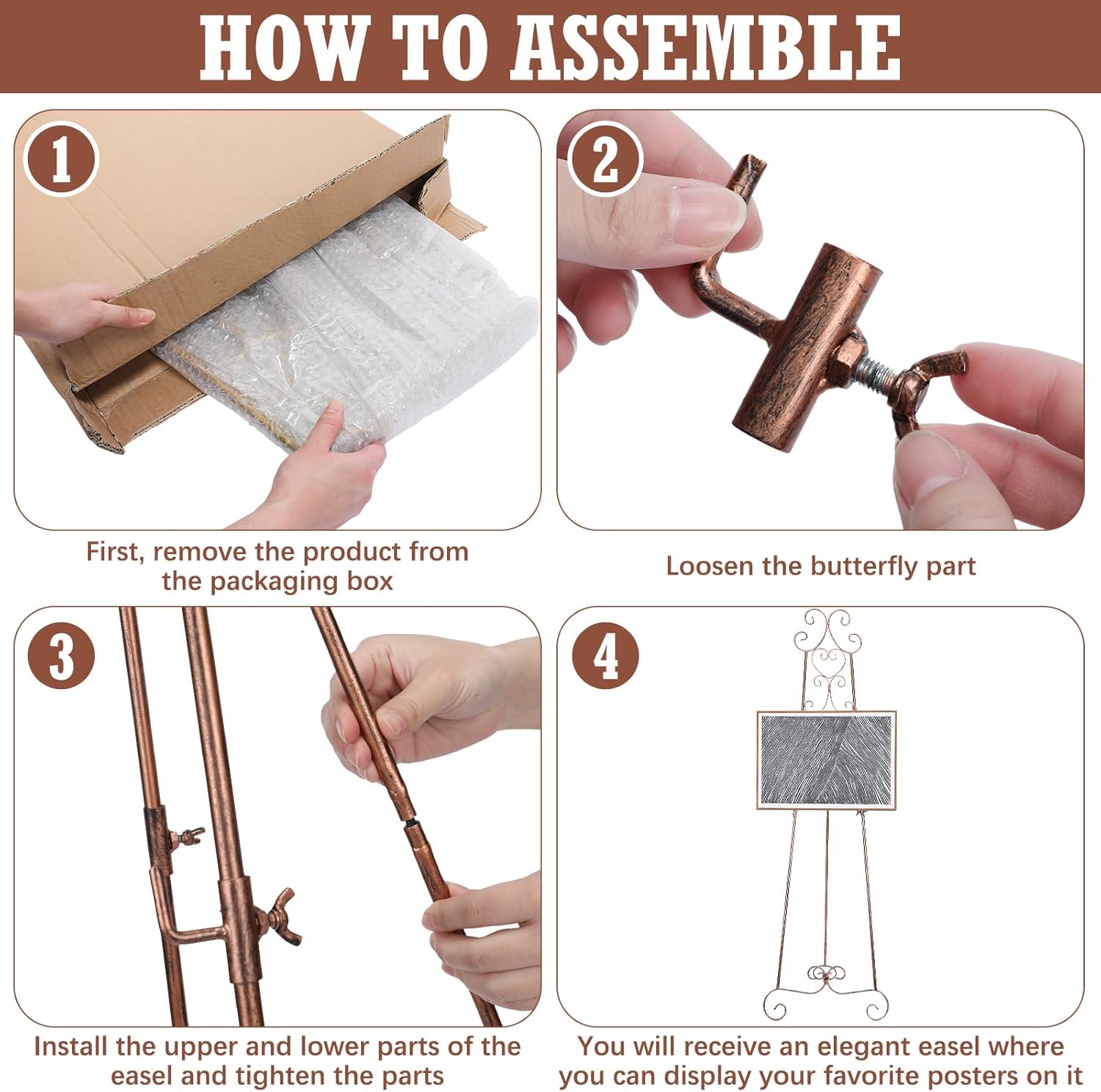 57" H Bronze Metal Scroll Easel Stand for Display Wedding Sign Poster Adjustable Portable Art Easels Poster Easel with Chain Support for Showcasing Pictures Artwork Coffee Exhibition Canvas