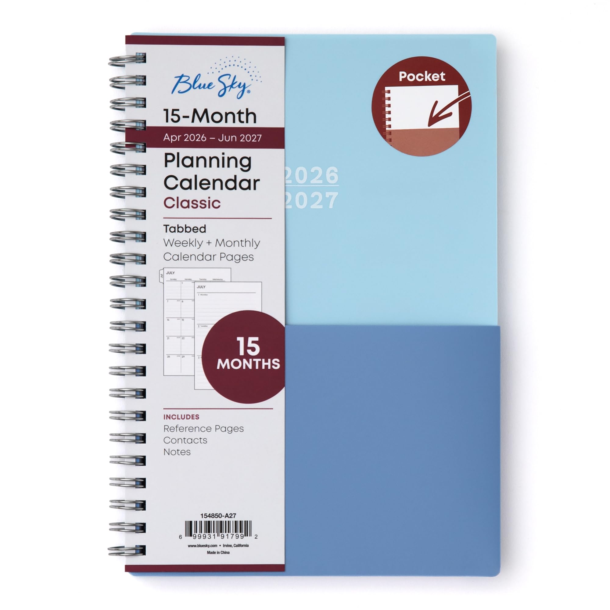 Blue Sky 2026-2027 Weekly and Monthly Academic Year 15 Month Planner Calendar, April 2026 - June 2027, 5" x 8", Flexible Cover With Pockets, Wirebound