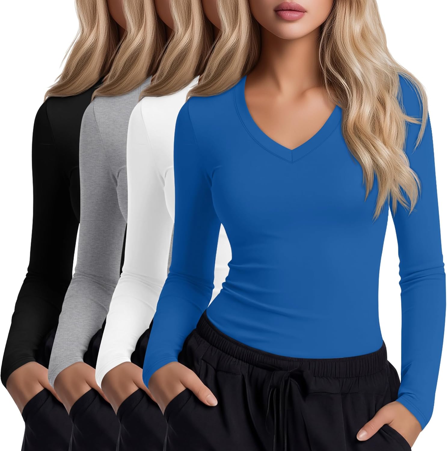 4 Pack Women's Under Scrubs Long Sleeve V Neck Shirts Slim Fit Stretchy Undershirt Basic Casual Tops for Nurse