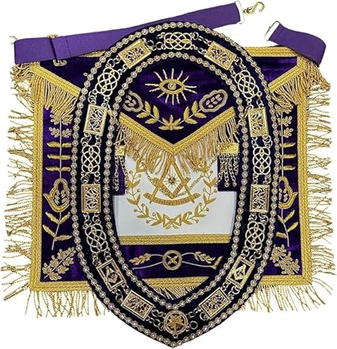 RegalCrafters Handmade Embroidered Masonic Blue Lodge Grand Past Master Gold Apron with Chain Collar and Purple Backing - Masonic Apron for Master Masons and Past Masters, Standard
