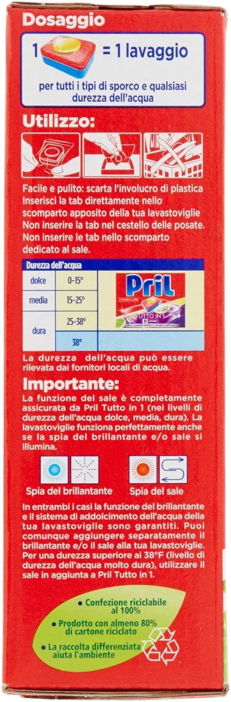 Pril - Detergente completo todo en 1 limón y lima, pastillas para lavavajillas, detergente completo ya a 40°, 8 acciones, 7 x 26 pastillas + Polpa italiana Gourmet 400 g
