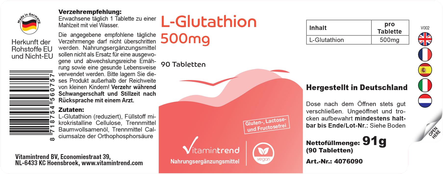 Vitamintrend L-Glutathion 500 mg, 90 comprimés, hautement dosé, complément alimentaire végan sans stéarate de magnésium, fabriqué en Allemagne