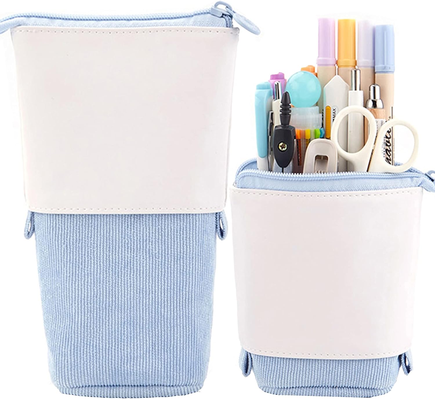 Telescopic Pencil Bag Pen Holder Stationery Case, PU Corduroy Stand-up Retractable Transformer Bag Colorful Organizer, Great for Christmas Holiday (Green)