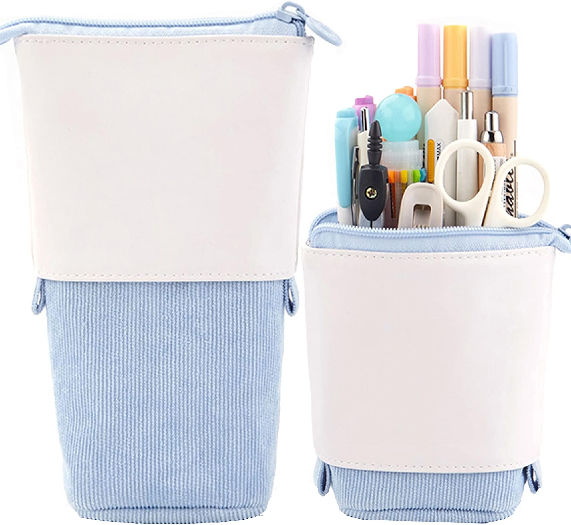 Friinder Pen Pencil Telescopic Holder Stationery Case, PU Corduroy Stand-up Retractable Transformer Bag Colorful Organizer, Great for Valentine's Day Spring Gift Cosmetics Pouch Makeup Bag