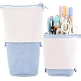 Friinder Telescopic Pencil Bag Pen Holder Stationery Case, PU Corduroy Stand-up Retractable Transformer Bag Colorful Organizer, Great for Christmas Holiday (Blue)