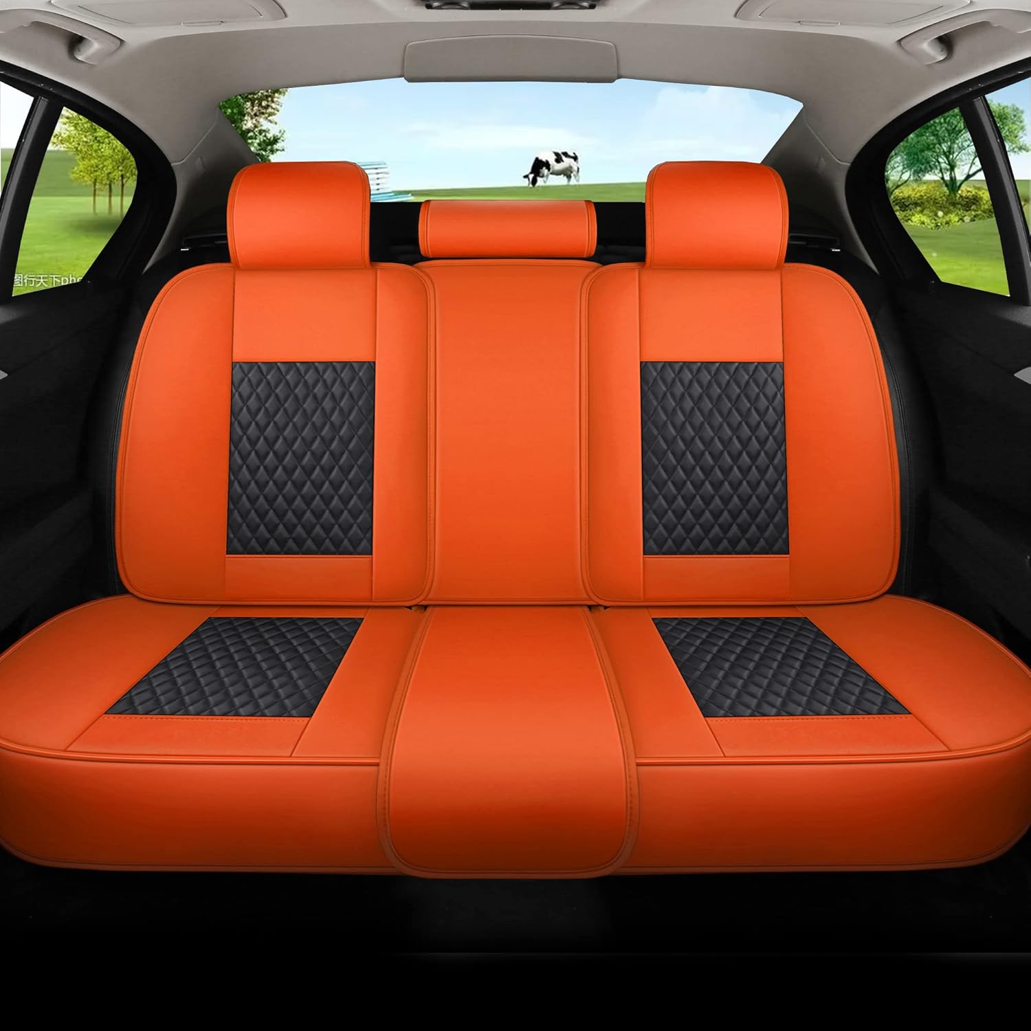 INZU Car Seat Cover 5-Seats Full Set Universal fit, Suitable for Most Cars, SUV, Airbags Compatible with Synthetic Leather Car Seat Cushion Protectors. (Black & Orange)