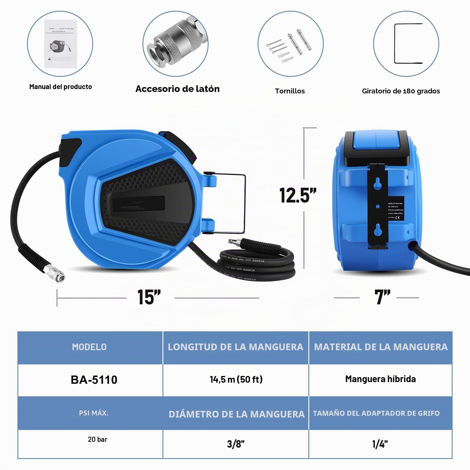 Automático Carrete de Manguera de Aire Comprimido 15m | Enrollador de Manguera de Aire| Carretes de Manguera Neumática | Conector de 1/4'' BSP | para la Pared | Giratorio 180° | Φ 9.5mm