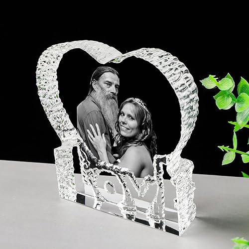 Marco de fotos de cristal con tu propia foto y texto grabado, diseño de amor personalizado en forma de corazón, regalo de mesa, regalos de cristal